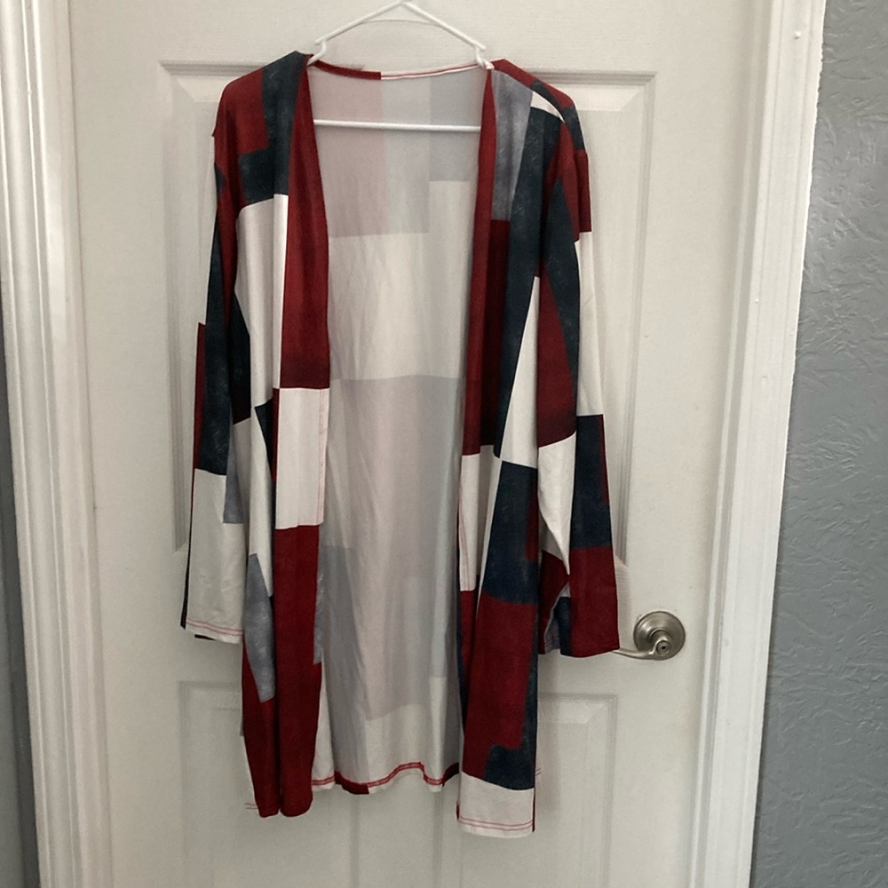 SHEIN Red and Black Geometric Knit Cardigan